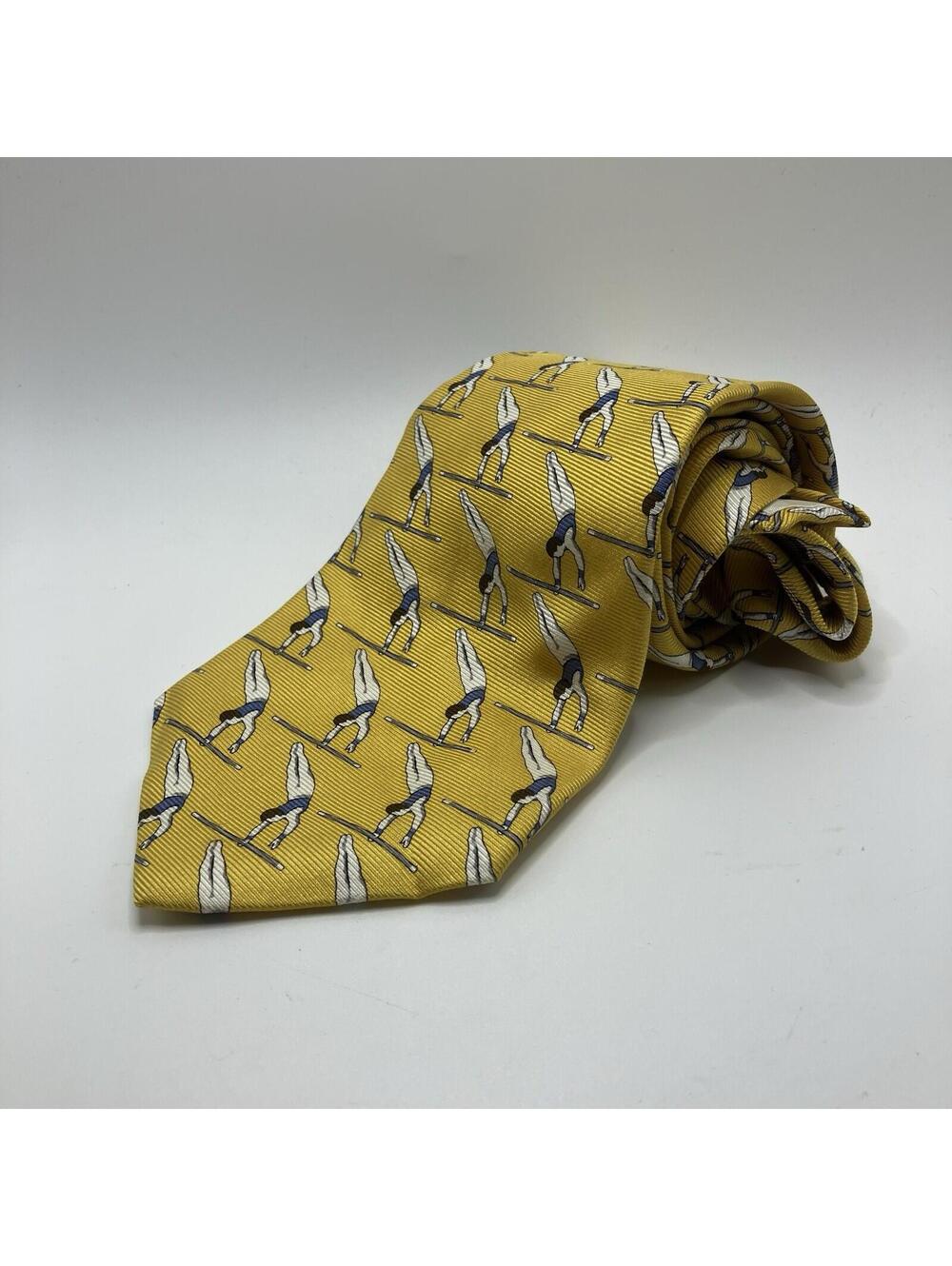 Polo Ralph Lauren Vintage Tie Yellow Gymnast Print Pattern 100% Silk Made in USA